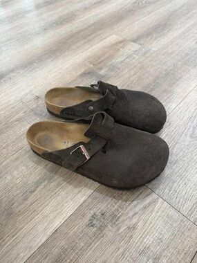 Birkenstock Dark Brown Suede Clog Mules with Buckle